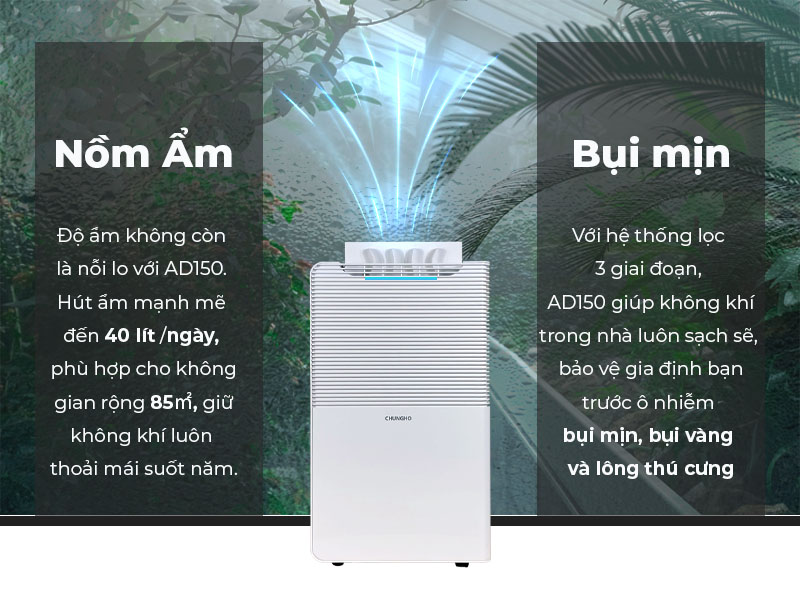 Máy lọc không khí hút ẩm ChungHo AD150: Hút ẩm 40L/ngày, lọc bụi mịn, khử mùi, diện tích 85m²