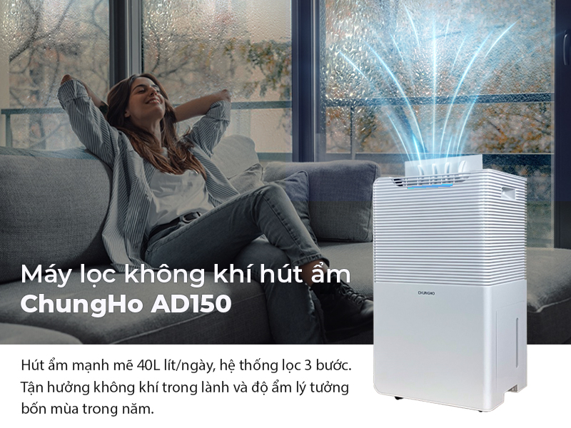 Máy lọc không khí hút ẩm ChungHo AD150 hoạt động trong phòng khách, mang lại không khí trong lành, dễ chịu