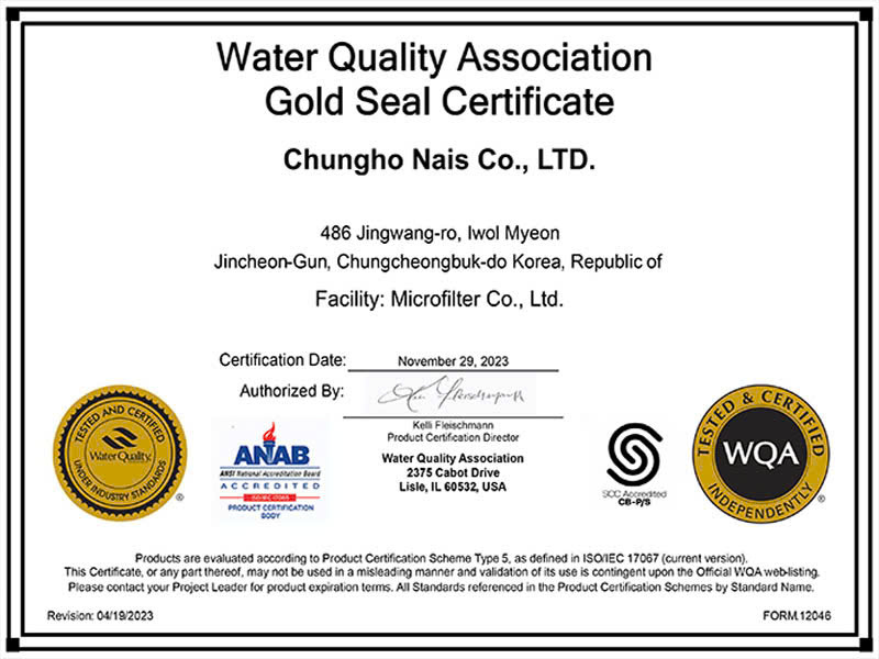 chứng nhận WQA của máy lọc nước ChungHo Nais