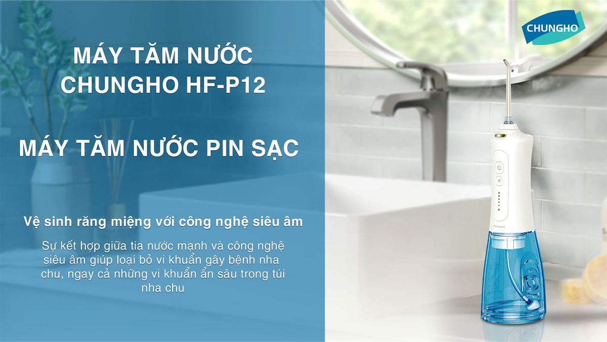Máy tăm nước ChungHo HF-12: Thiết kế cầm tay, 5 mức áp lực, 6 đầu tăm, chống nước IPX7