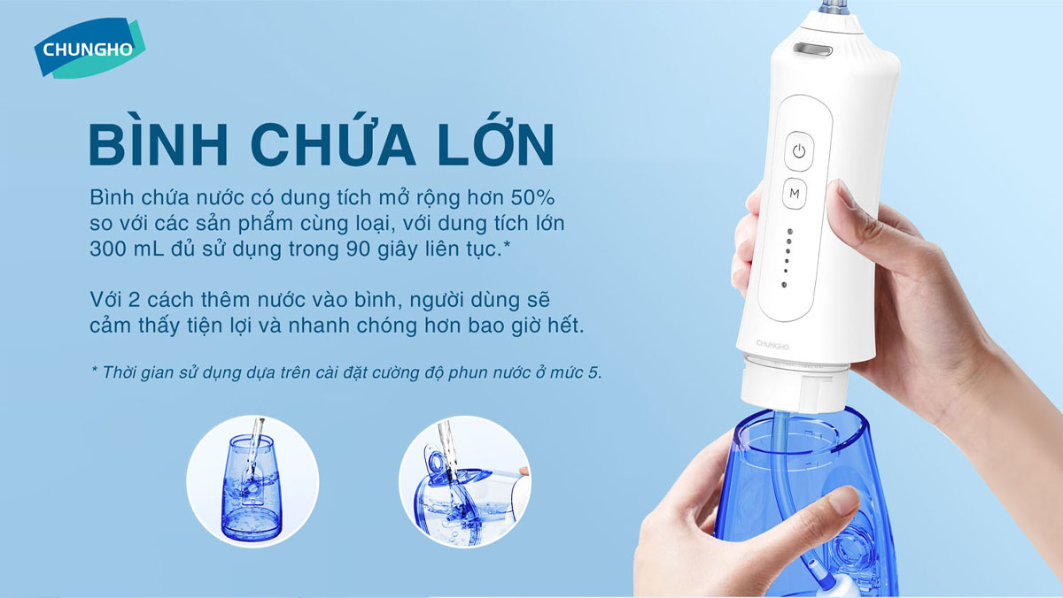 Máy tăm nước ChungHo HF-12: Thiết kế cầm tay, 5 mức áp lực, 6 đầu tăm, chống nước IPX7