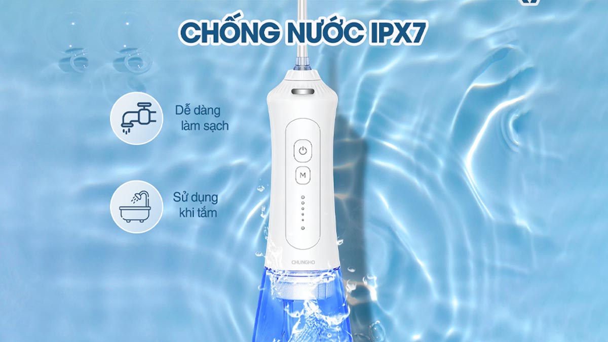 Máy tăm nước ChungHo HF-12: Thiết kế cầm tay, 5 mức áp lực, 6 đầu tăm, chống nước IPX7