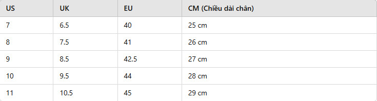 Bảng size giày nam Adidas