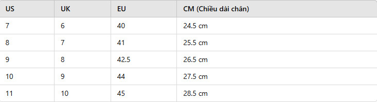 Bảng size giày nam Converse