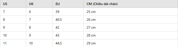 Bảng size giày nam Puma