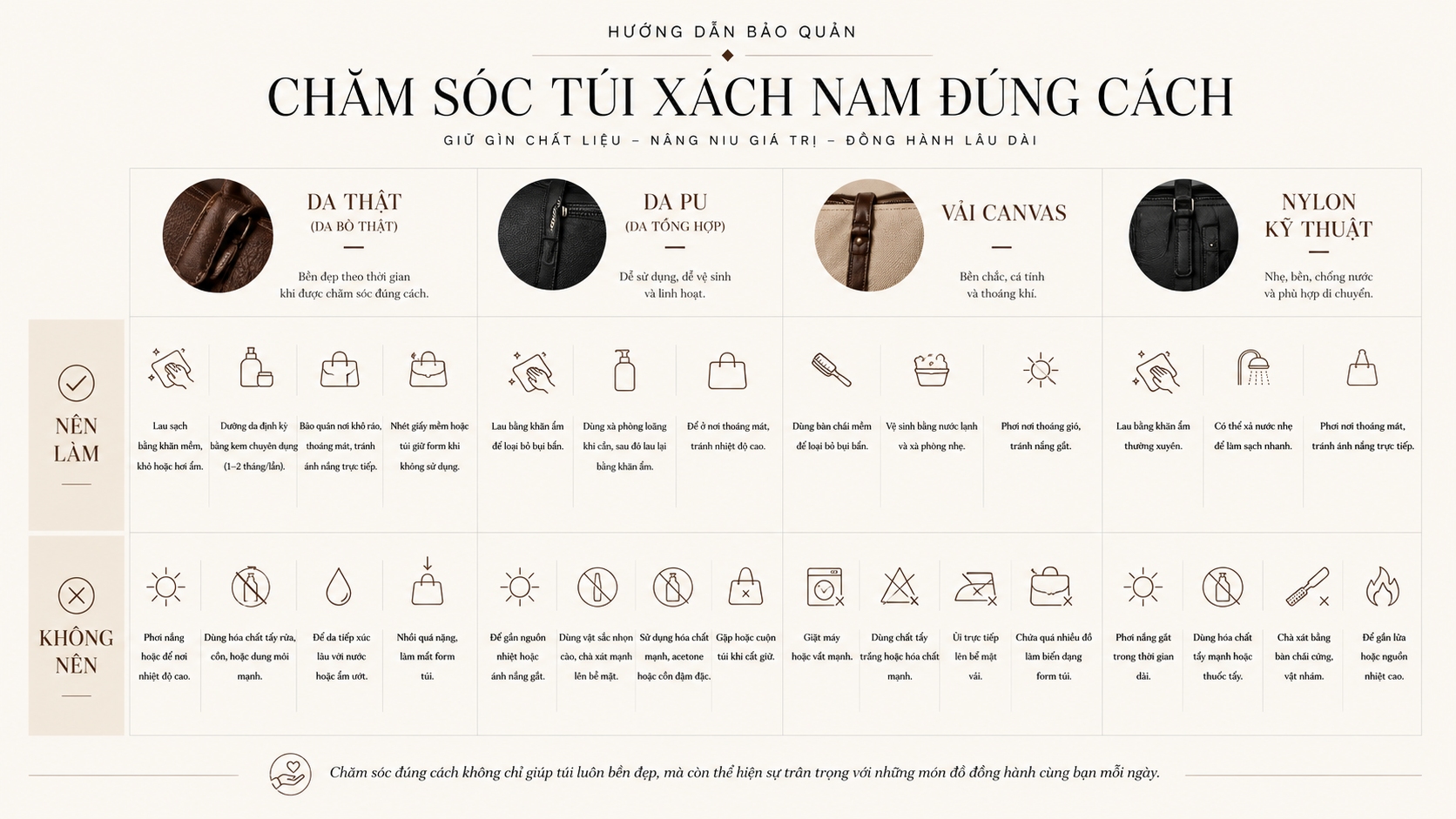 Cách bảo quản túi xách nam theo từng loại chất liệu