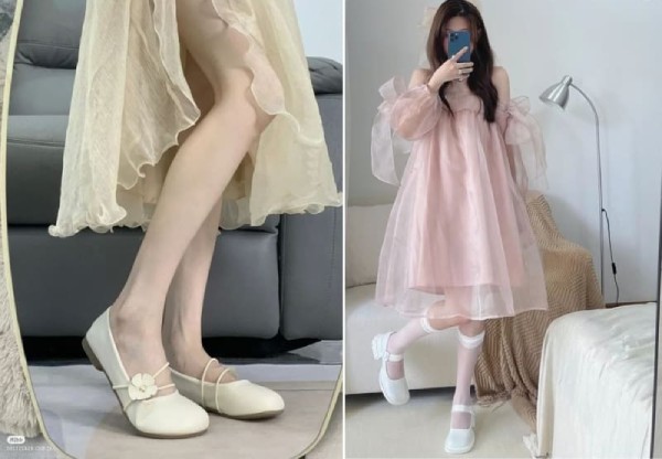 Phối giày búp bê cùng với váy nơ nữ tính