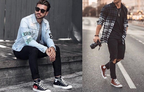 Phối giày Converse cổ cao nam với quần rách gối năng động, nổi loạn