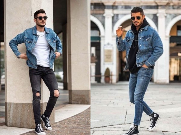 Phối giày Converse cổ cao với áo khoác jeans và quần jeans cá tính
