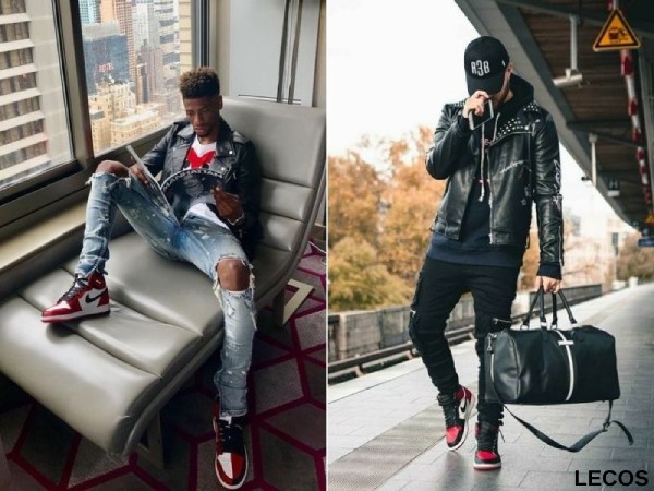 Phối giày Jordan cổ cao nam với áo khoác biker và quần jean rách