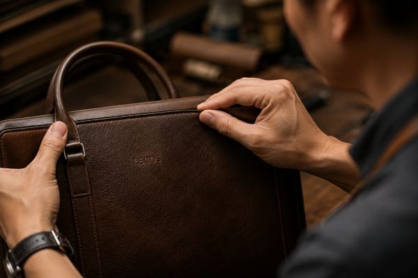 Ảnh minh họa người thợ kiểm tra chất lượng túi xách nam