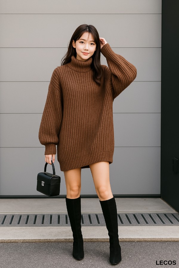 Phối đồ boot cổ cao với áo sweater dáng rộng