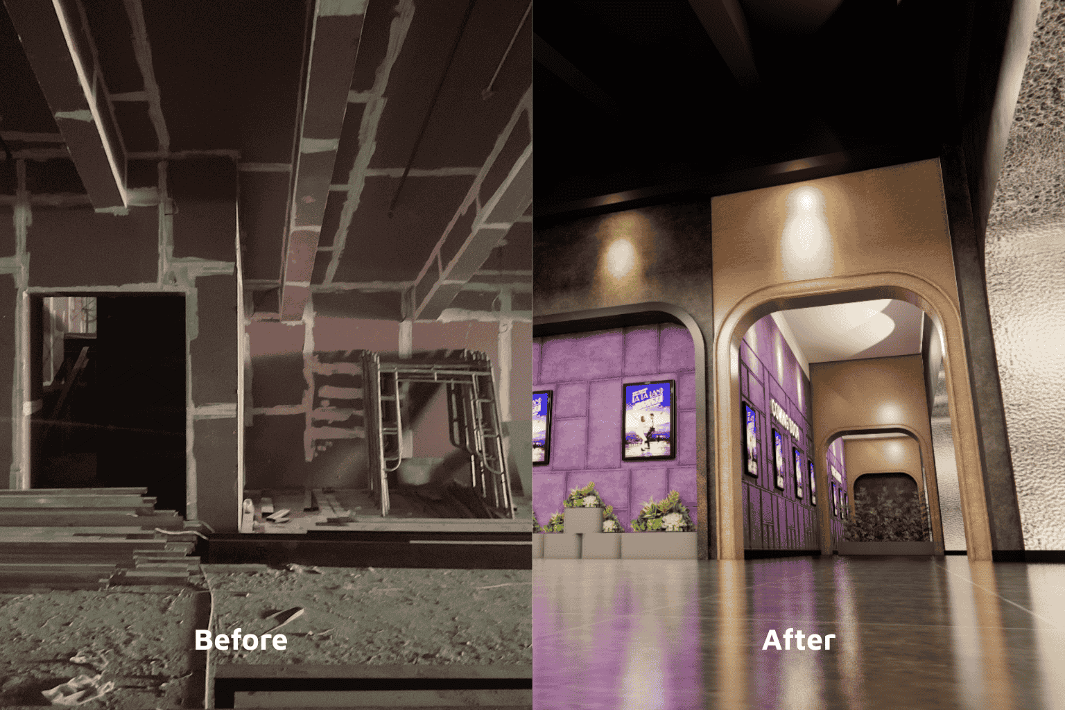 Sảnh chờ của rạp và sau khi hoàn thiện