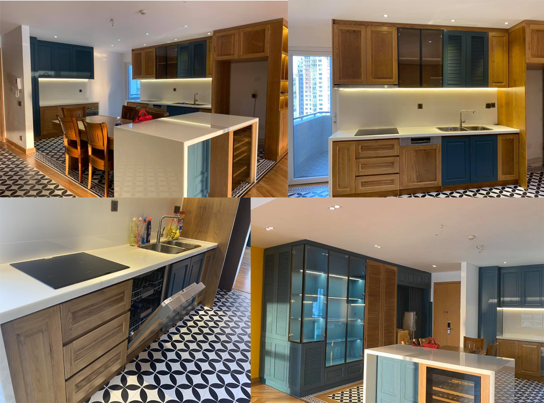 Phòng bếp hiện đại luôn có đầy đủ các yếu tố như tủ bếp, đảo bếp, bàn ăn,…