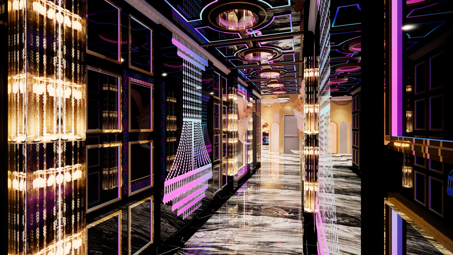 Hình ảnh cột kính pha lê nằm trên hành lang