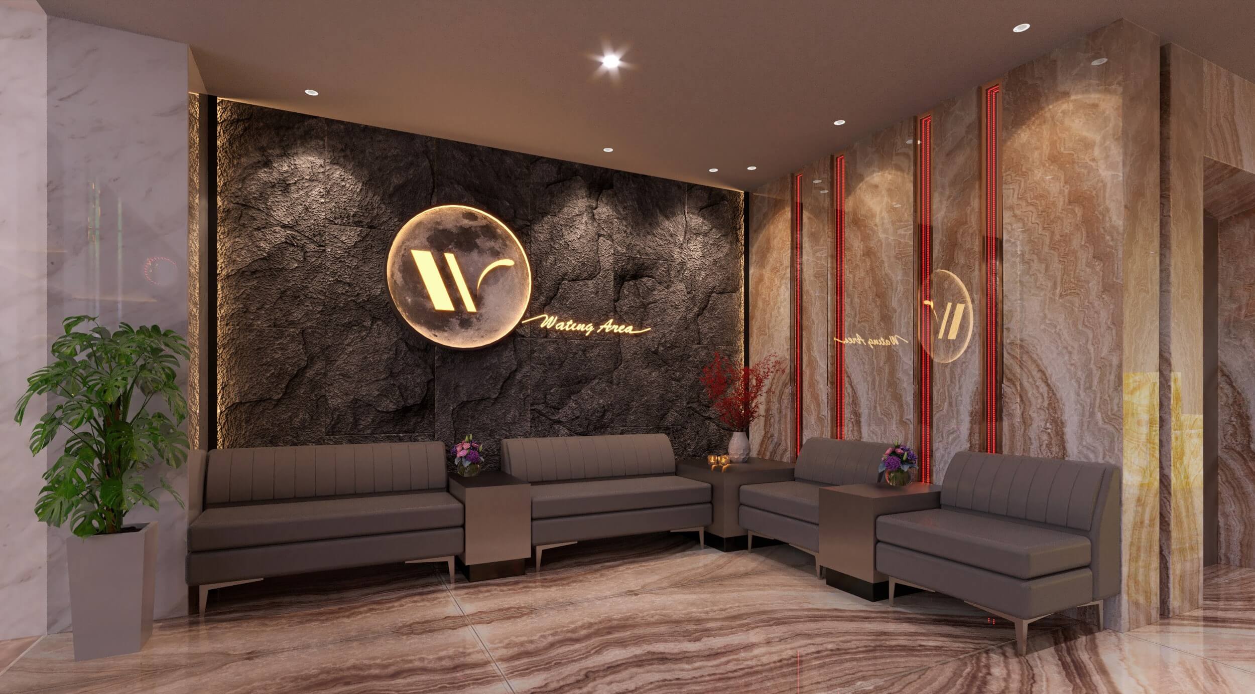 Không gian chờ sang trọng, ánh sáng vàng dịu mang lại cảm giác thư giãn.