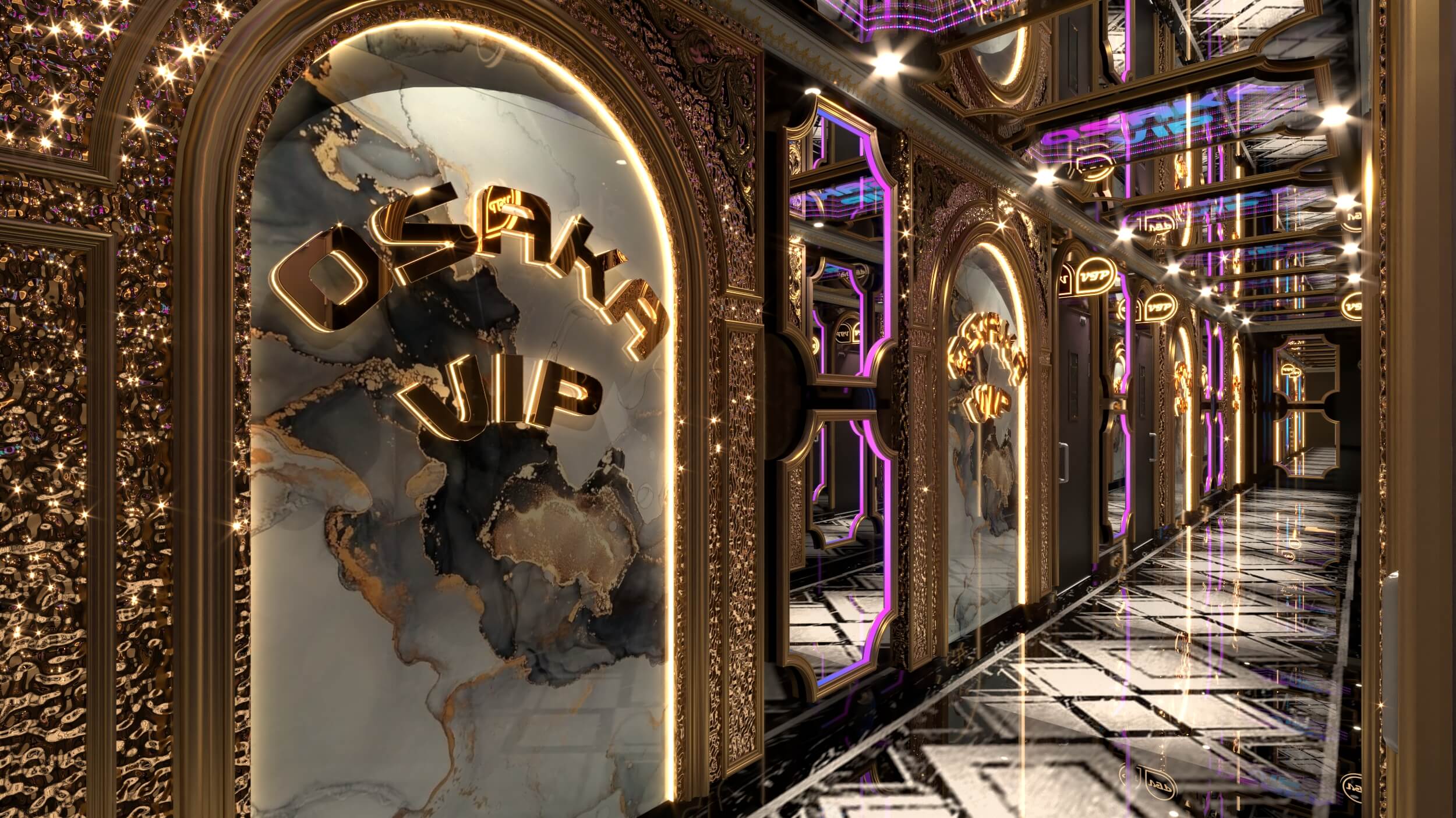 Chi tiết thi công tinh xảo: mica khắc CNC, gương phun cát và inox hoa văn được xử lý tỉ mỉ.