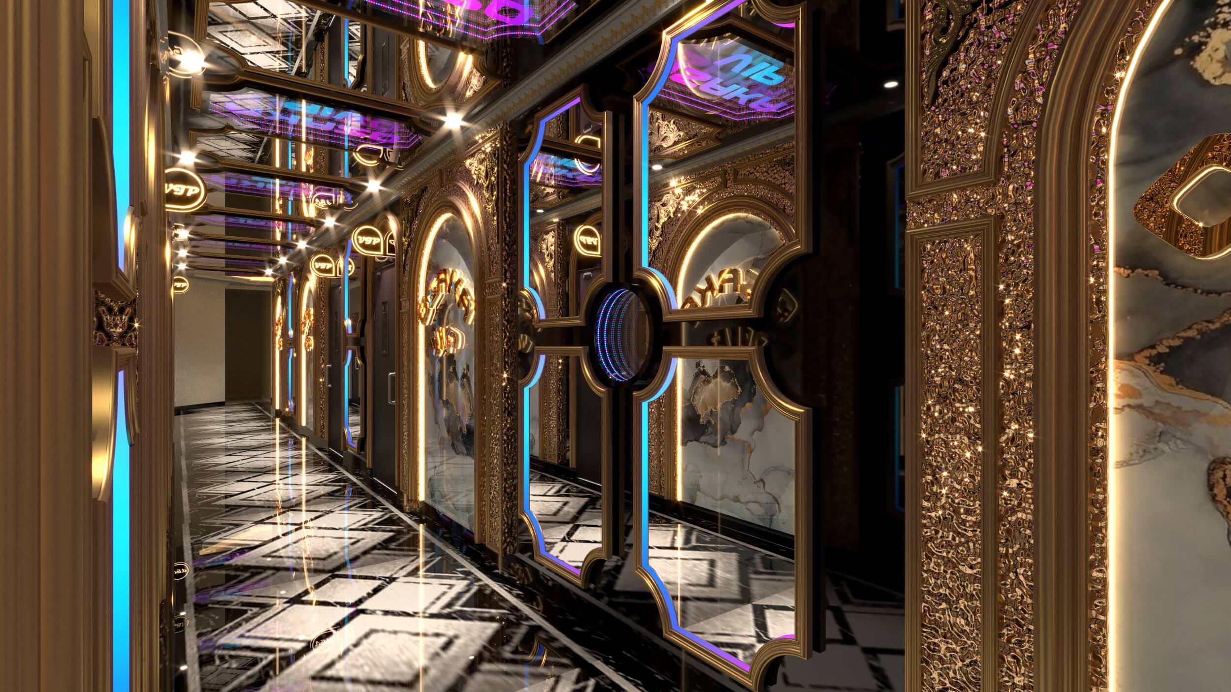 Chi tiết thi công tinh xảo: mica khắc CNC, gương phun cát và inox hoa văn được xử lý tỉ mỉ.