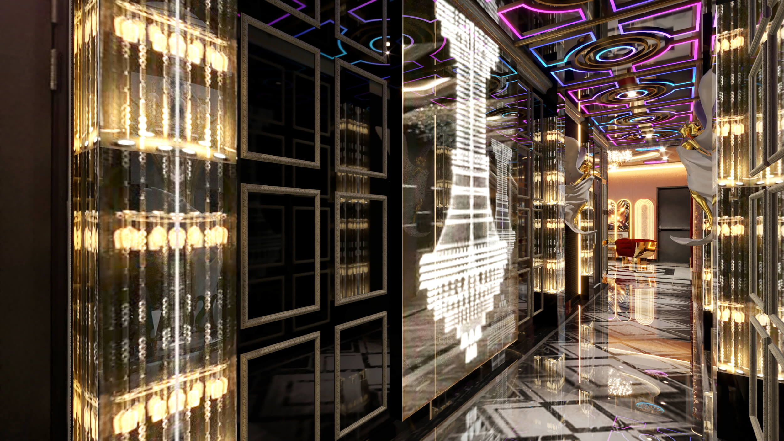 Hộp đèn modul kết hợp hiệu ứng pha lê khúc xạ – điểm nhấn làm nên “trái tim” của phòng karaoke Osaka.