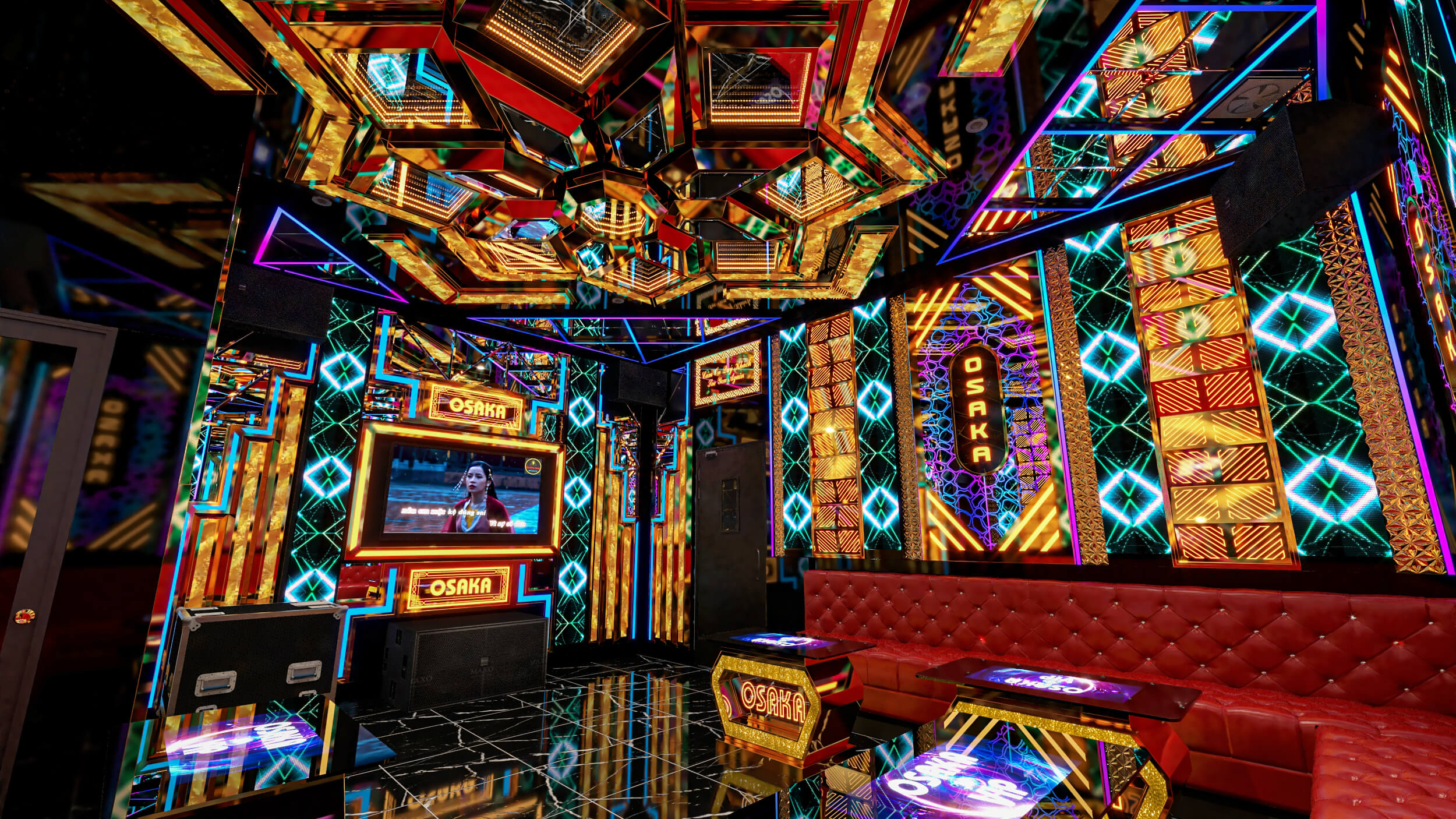 Karaoke Osaka – công trình nổi bật với hiệu ứng ánh sáng hiện đại và thiết kế sang trọng.