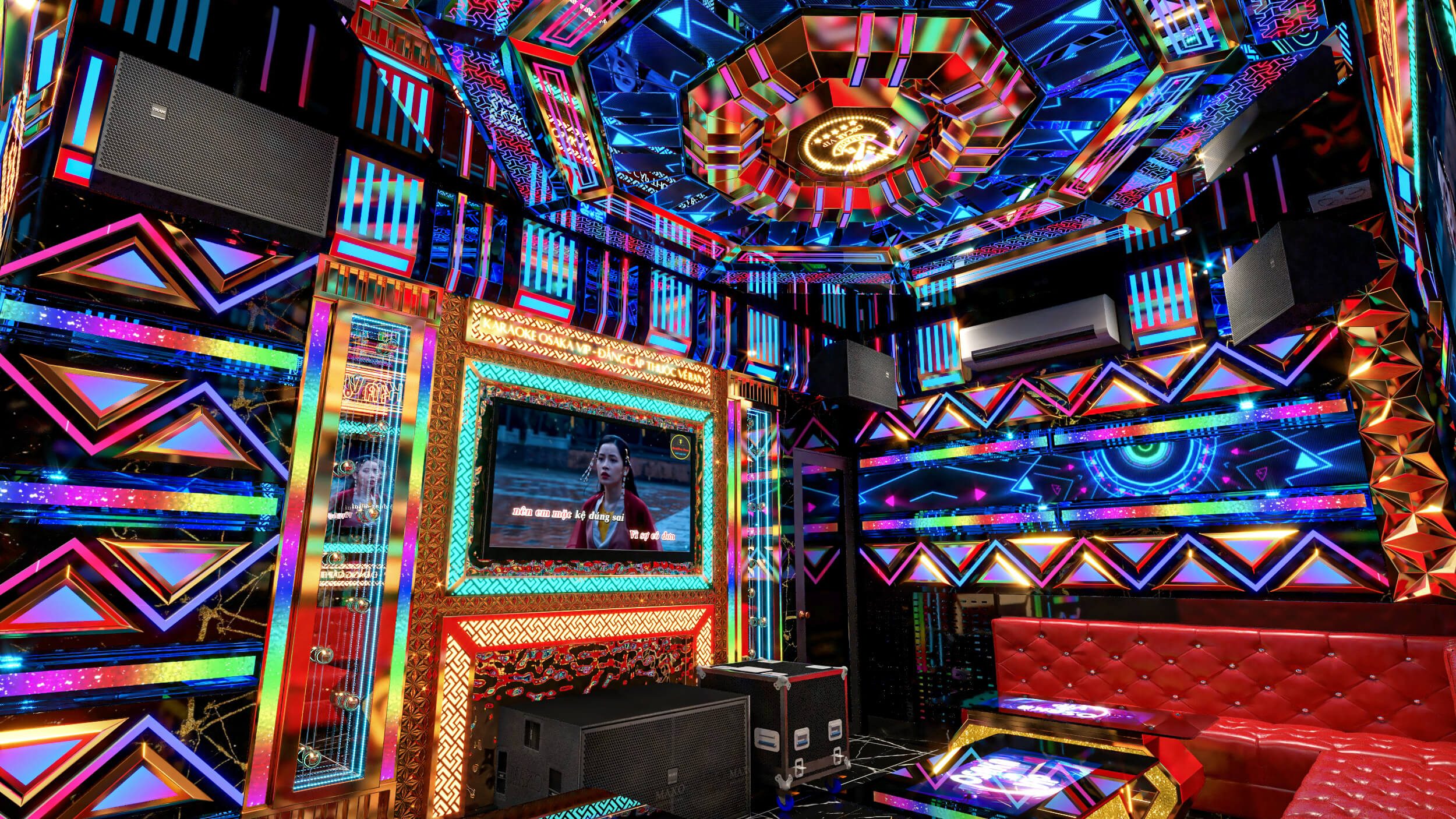 Karaoke Osaka – công trình nổi bật với hiệu ứng ánh sáng hiện đại và thiết kế sang trọng.