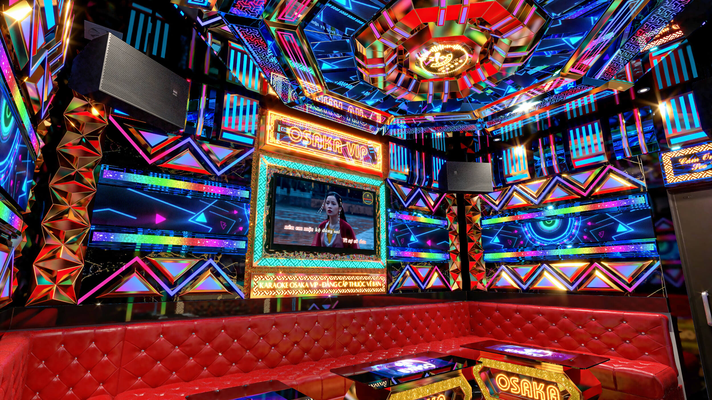 Karaoke Osaka – công trình nổi bật với hiệu ứng ánh sáng hiện đại và thiết kế sang trọng.