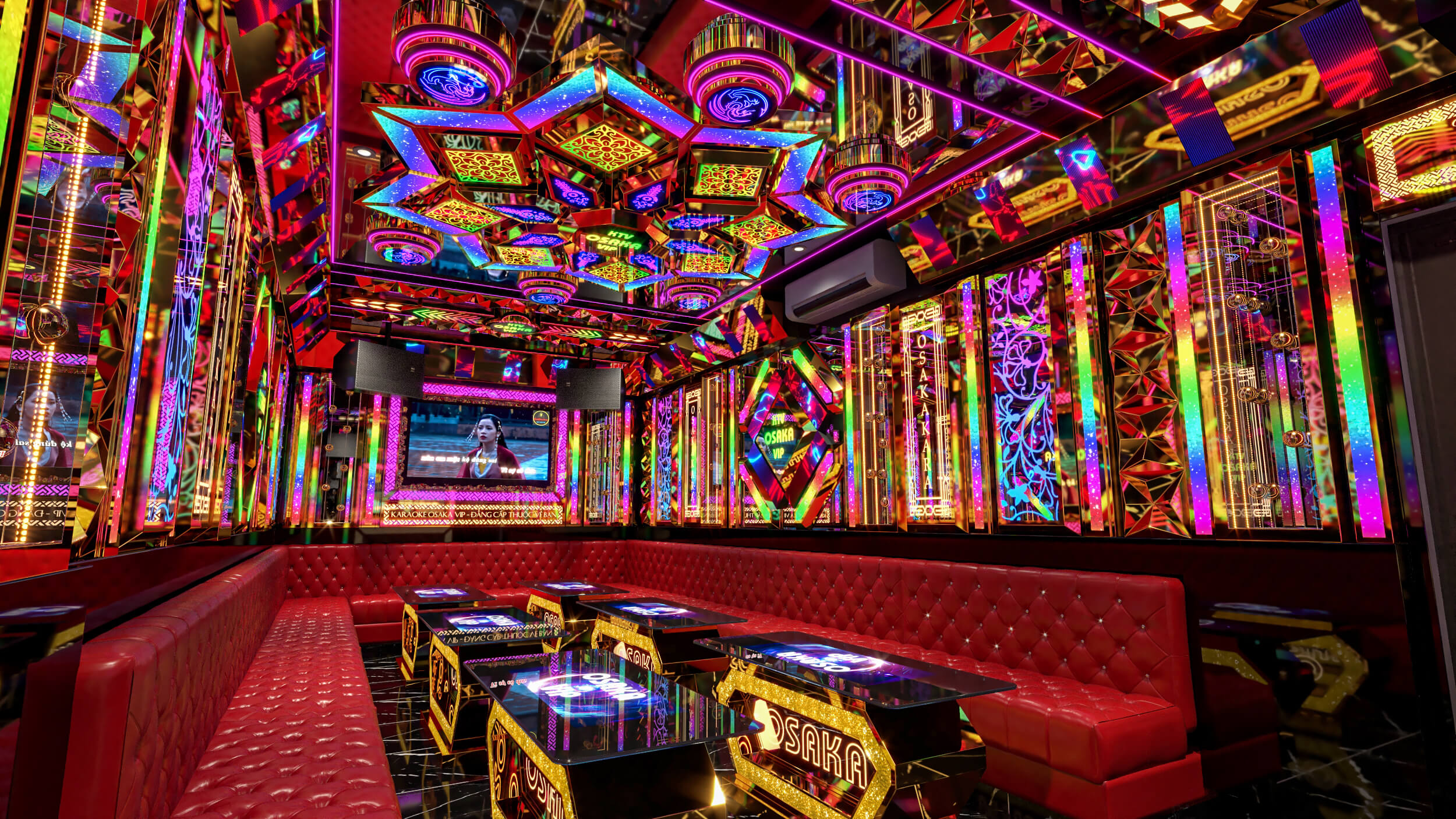 Karaoke Osaka – công trình nổi bật với hiệu ứng ánh sáng hiện đại và thiết kế sang trọng.