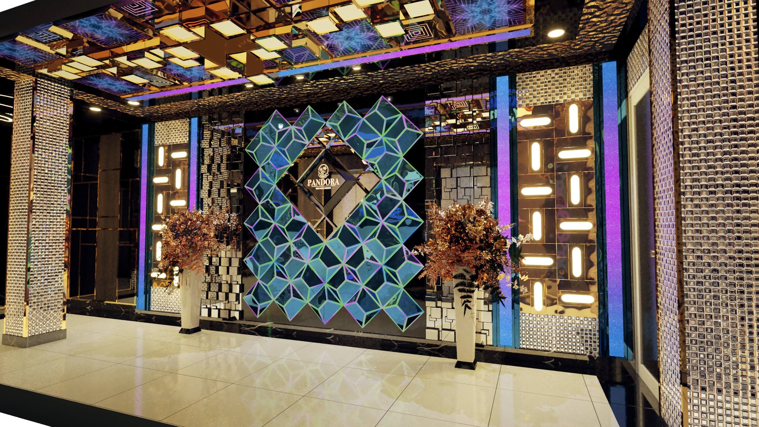 Chi tiết thi công tinh xảo với vật liệu mica, gương phun cát và inox hoa văn