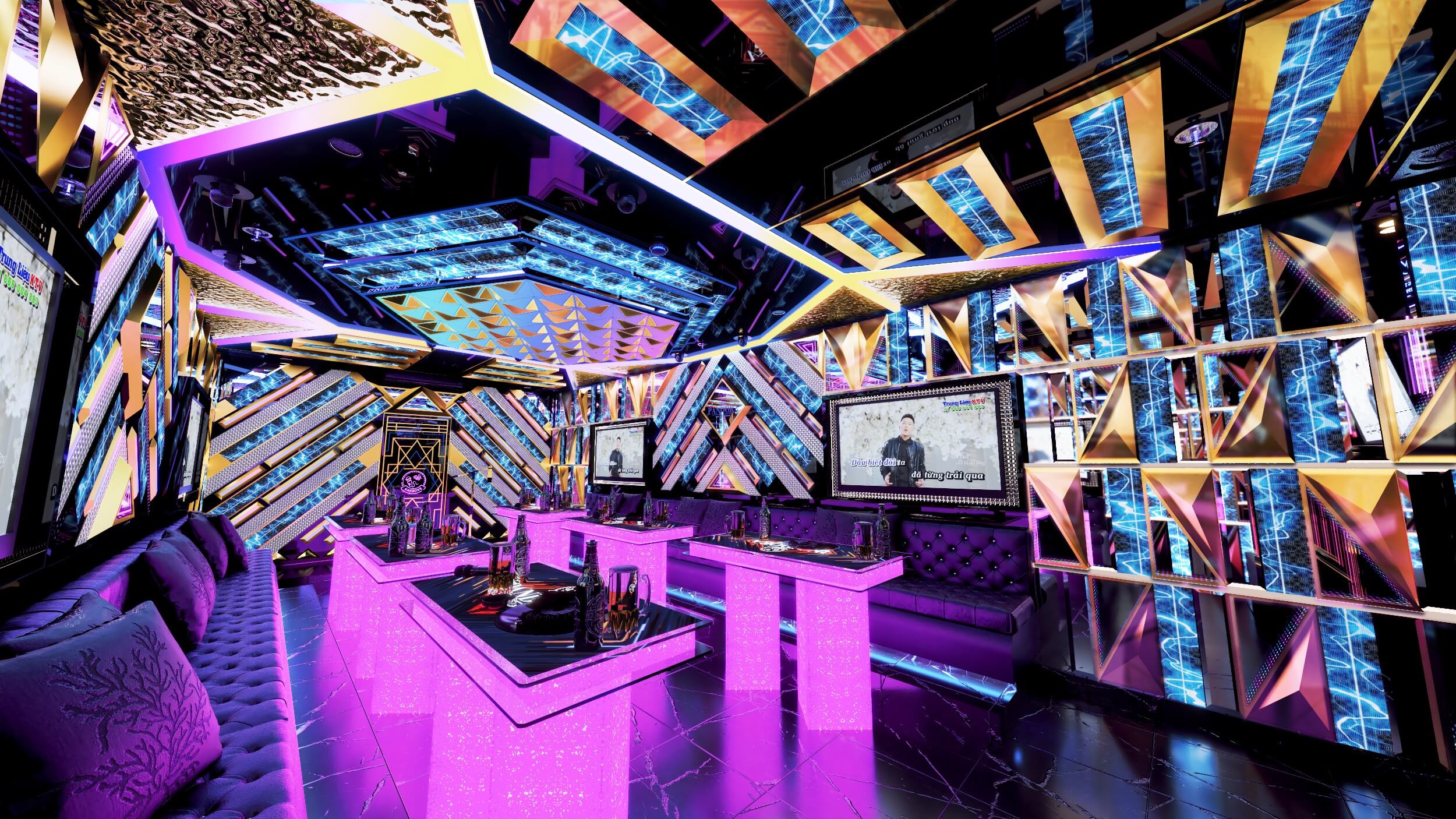 Mẫu phòng karaoke Pandora với thiết kế trần LED nhiều tầng – ánh sáng lan tỏa đều và mạnh mẽ