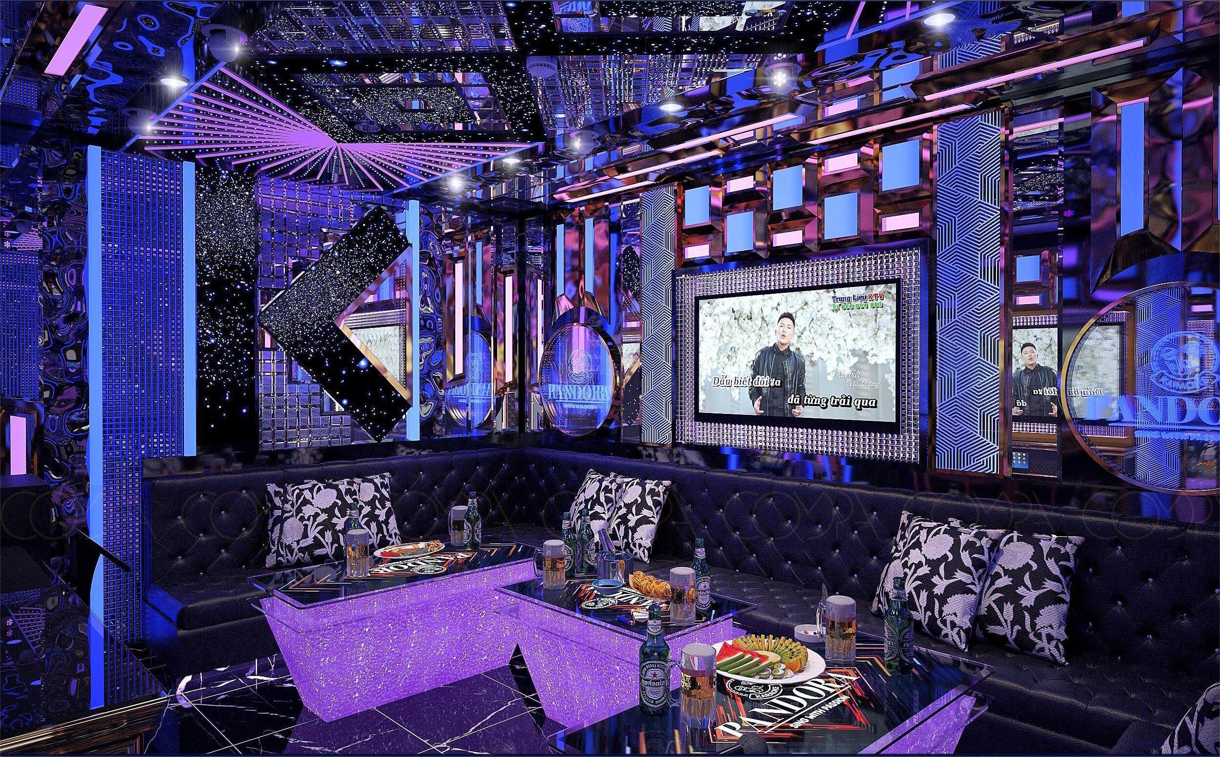 Thiết kế phòng karaoke với bố cục cân đối, giúp mở rộng không gian và tối ưu ánh sáng