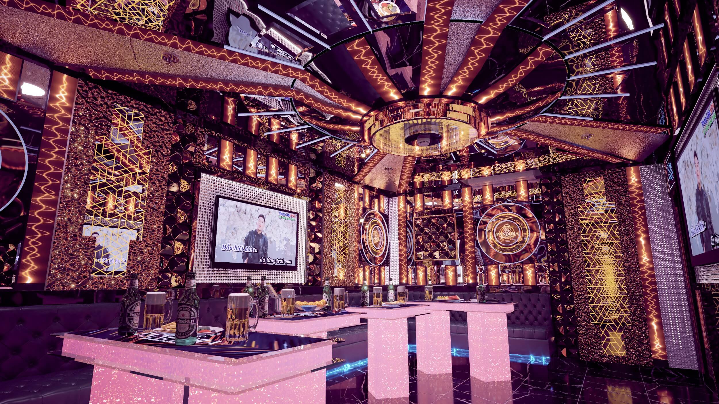 Không gian hiện đại – ánh sáng đa chiều – thể hiện phong cách riêng của Karaoke Pandora