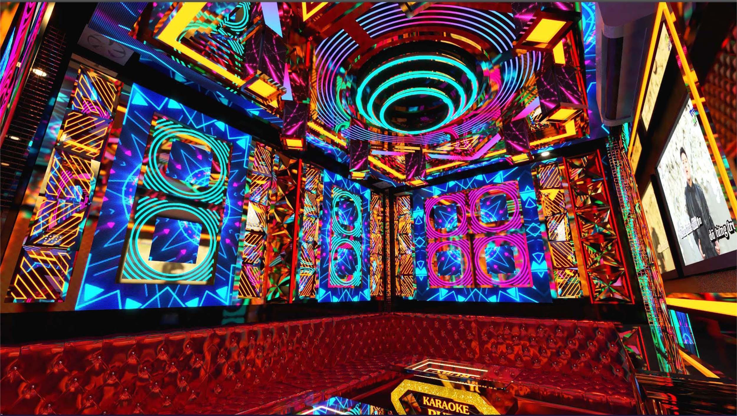 Mẫu phòng karaoke hiện đại tại Ruby – thiết kế nổi bật với hiệu ứng ánh sáng đa tầng, tạo chiều sâu và cảm xúc cho không gian