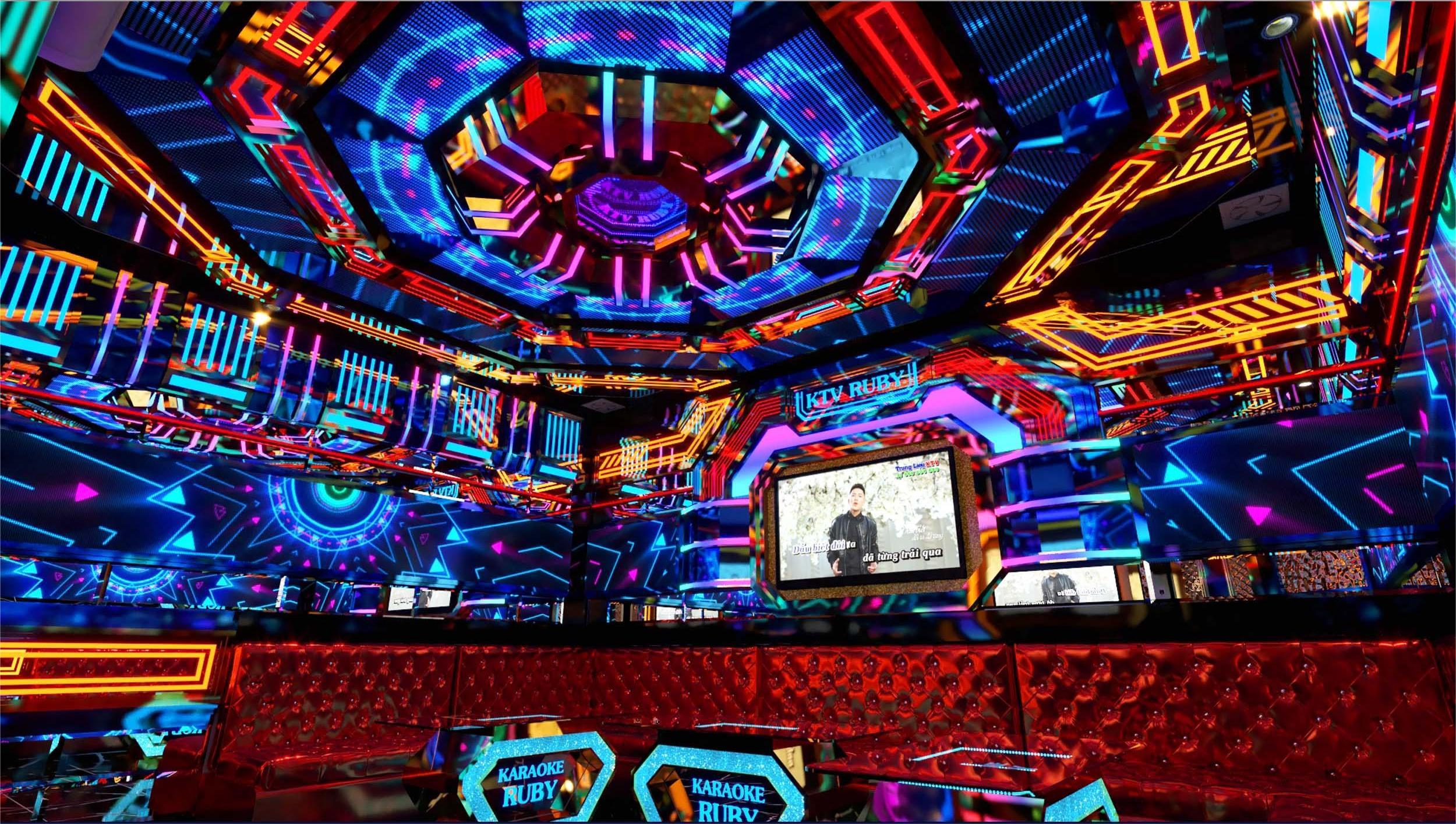 Mẫu phòng karaoke hiện đại tại Ruby – thiết kế nổi bật với hiệu ứng ánh sáng đa tầng, tạo chiều sâu và cảm xúc cho không gian