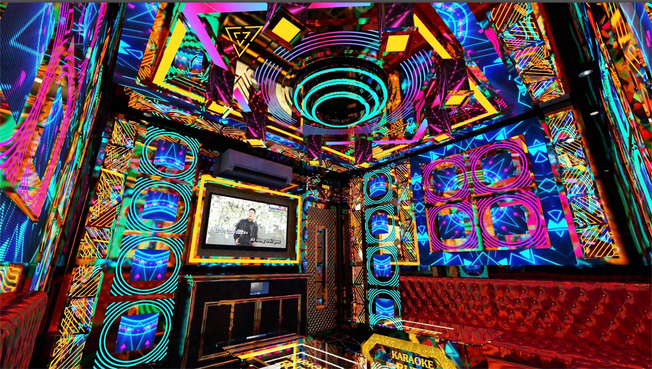 Mẫu phòng karaoke hiện đại tại Ruby – thiết kế nổi bật với hiệu ứng ánh sáng đa tầng, tạo chiều sâu và cảm xúc cho không gian