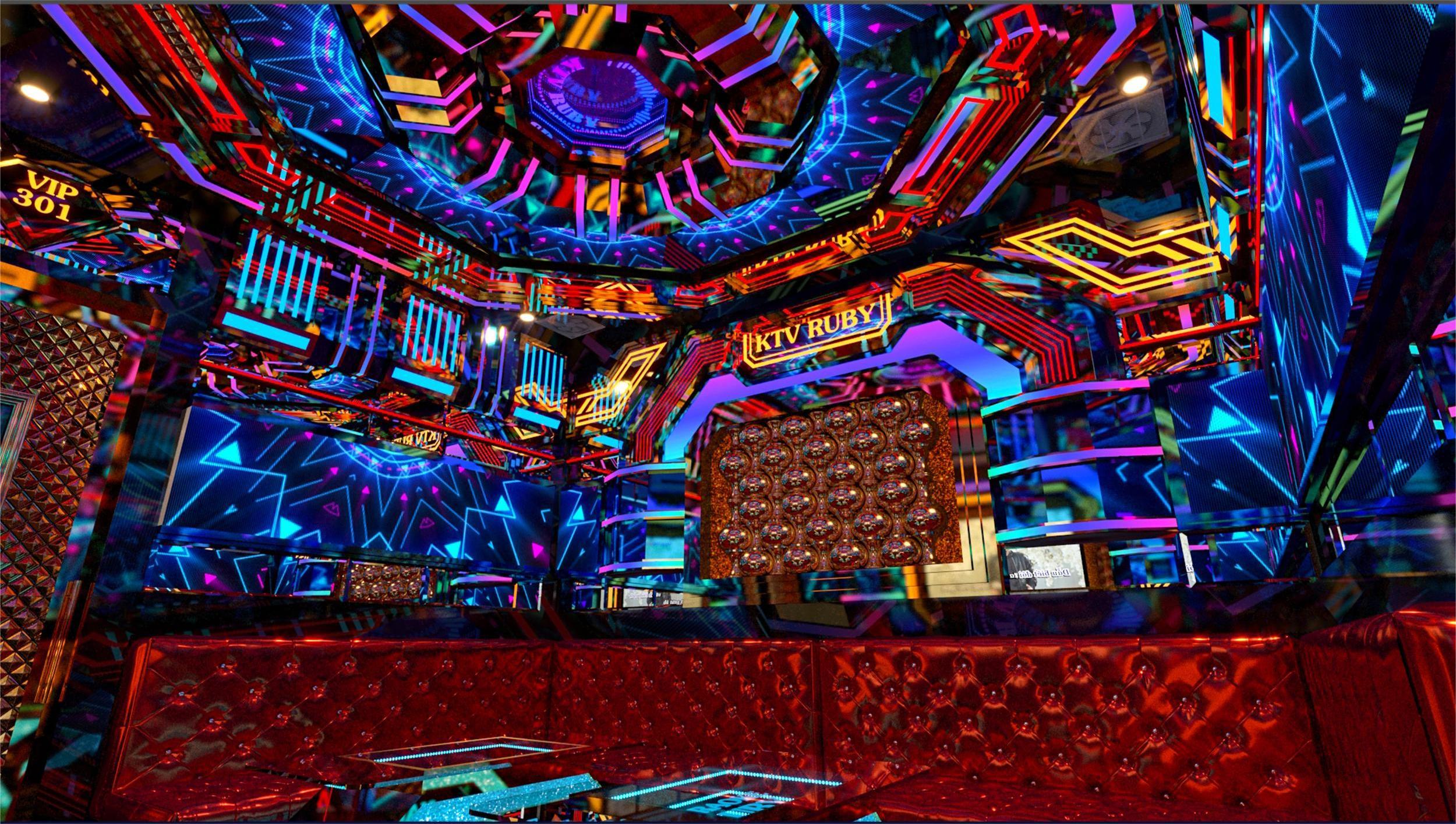 Mẫu phòng karaoke hiện đại tại Ruby – thiết kế nổi bật với hiệu ứng ánh sáng đa tầng, tạo chiều sâu và cảm xúc cho không gian
