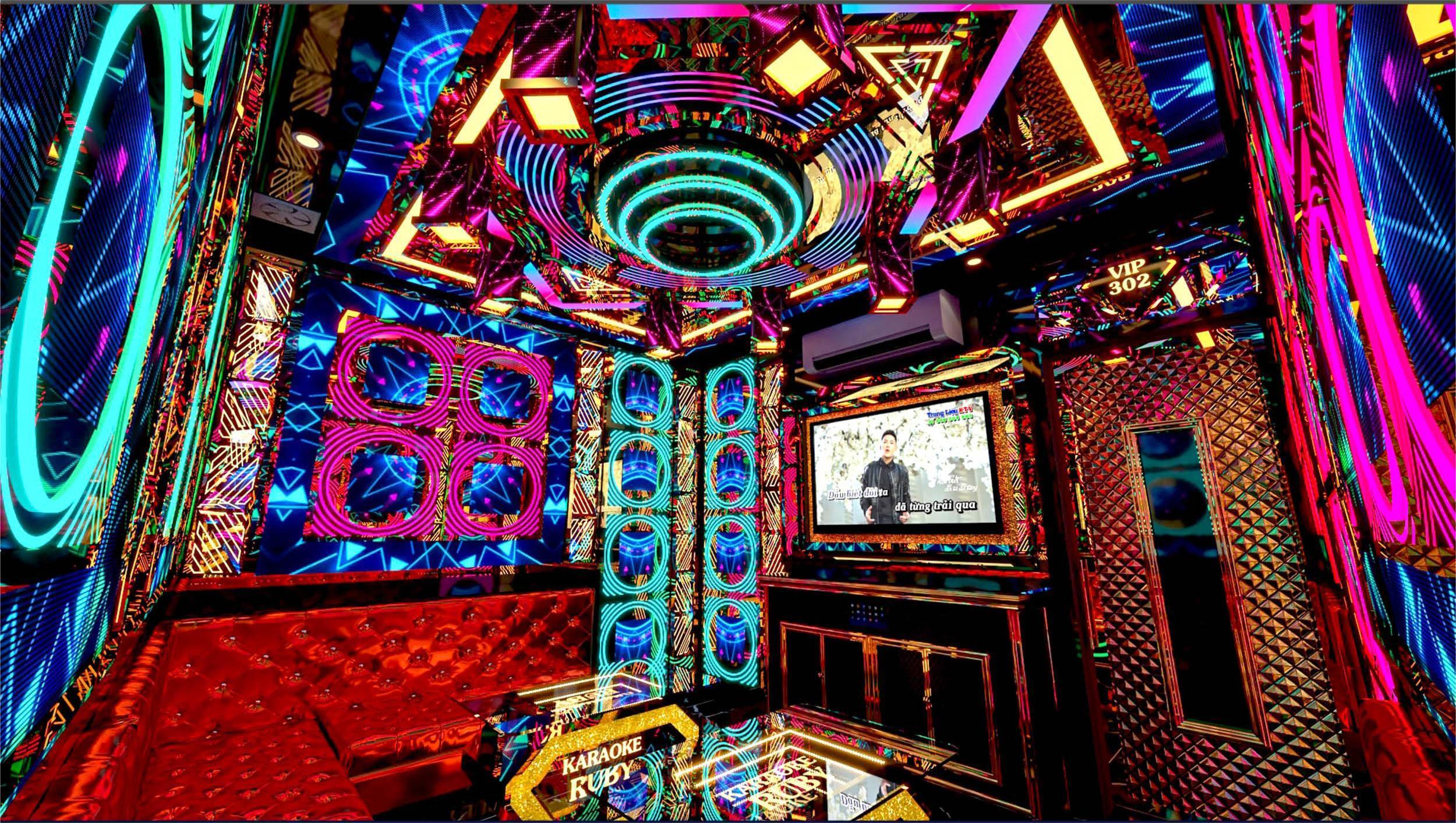 Mẫu phòng karaoke hiện đại tại Ruby – thiết kế nổi bật với hiệu ứng ánh sáng đa tầng, tạo chiều sâu và cảm xúc cho không gian