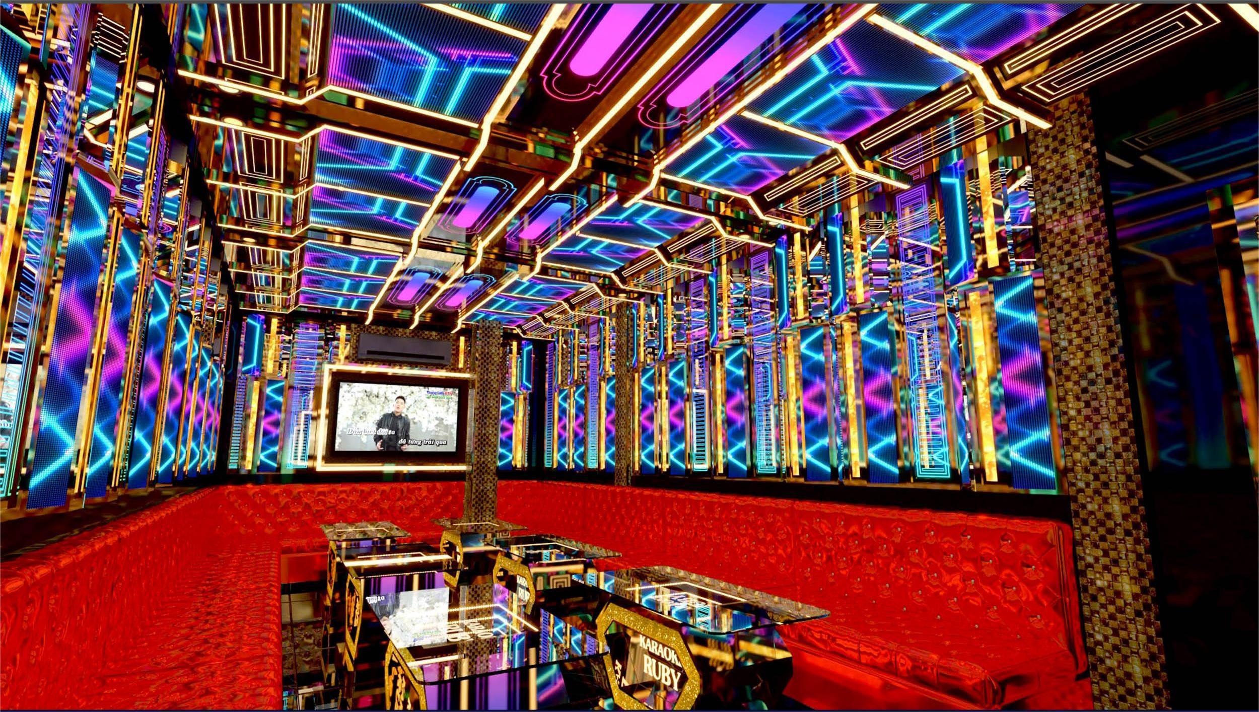 Mẫu phòng karaoke hiện đại tại Ruby – thiết kế nổi bật với hiệu ứng ánh sáng đa tầng, tạo chiều sâu và cảm xúc cho không gian