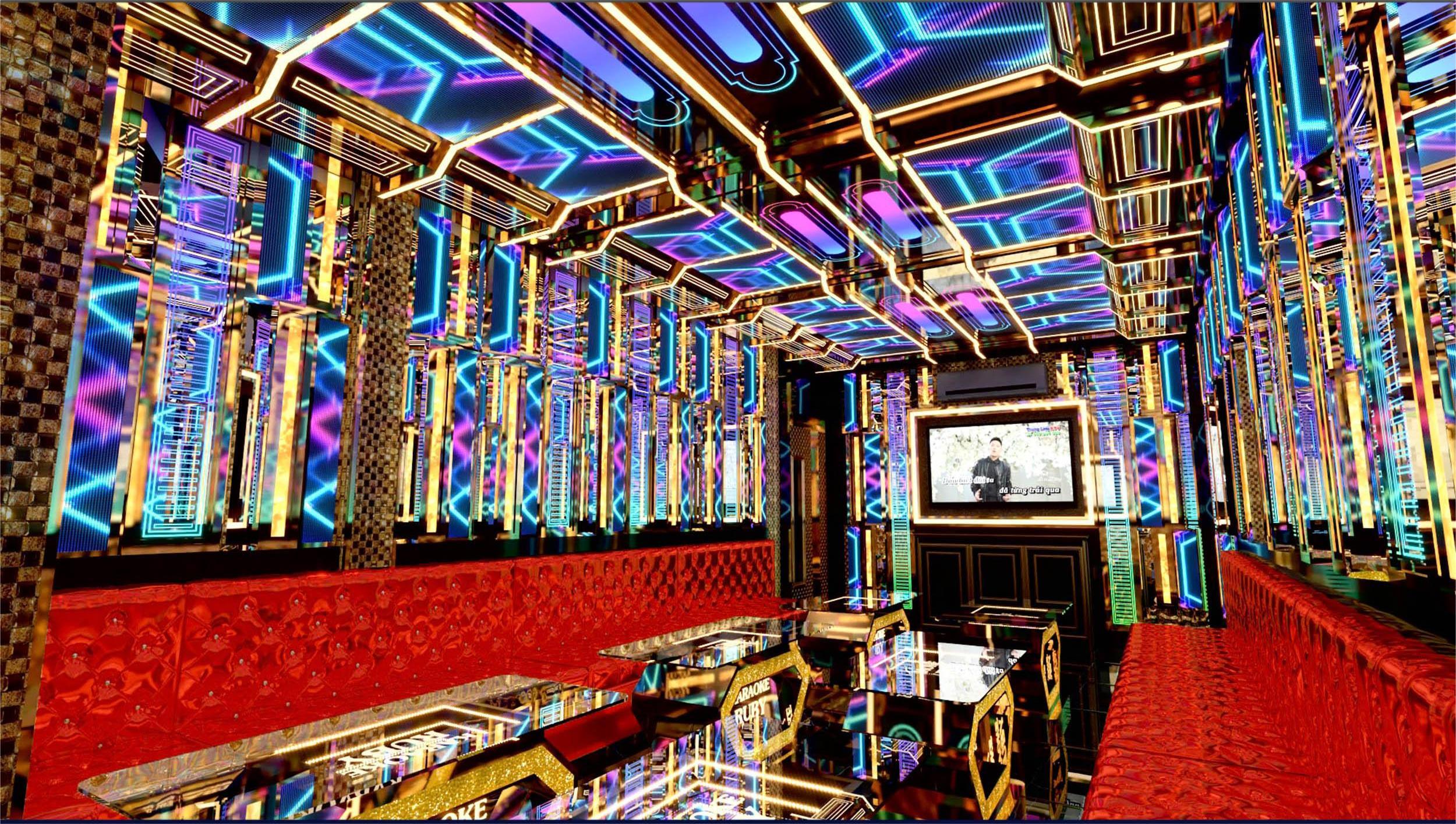 Mẫu phòng karaoke hiện đại tại Ruby – thiết kế nổi bật với hiệu ứng ánh sáng đa tầng, tạo chiều sâu và cảm xúc cho không gian