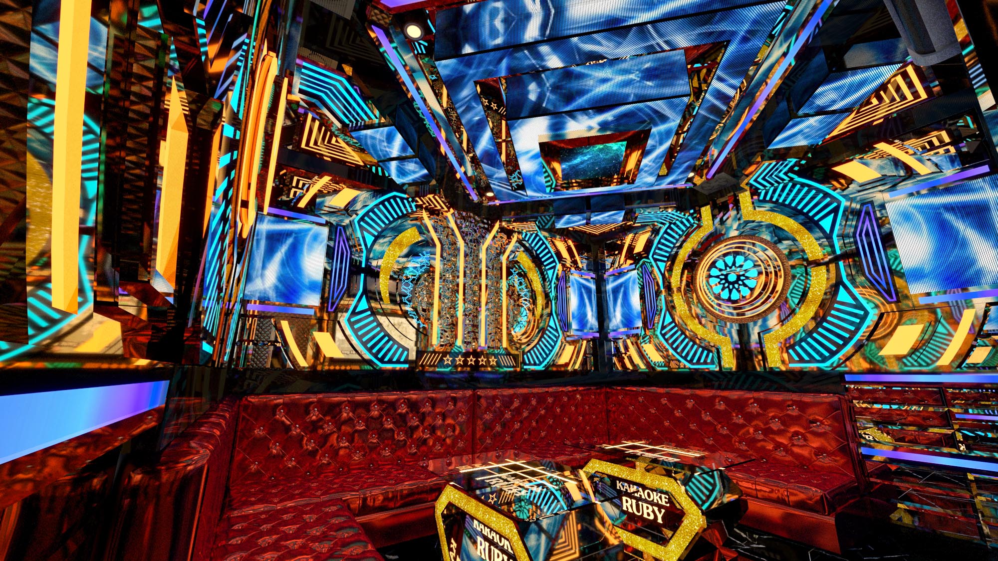 Mẫu phòng karaoke hiện đại tại Ruby – thiết kế nổi bật với hiệu ứng ánh sáng đa tầng, tạo chiều sâu và cảm xúc cho không gian