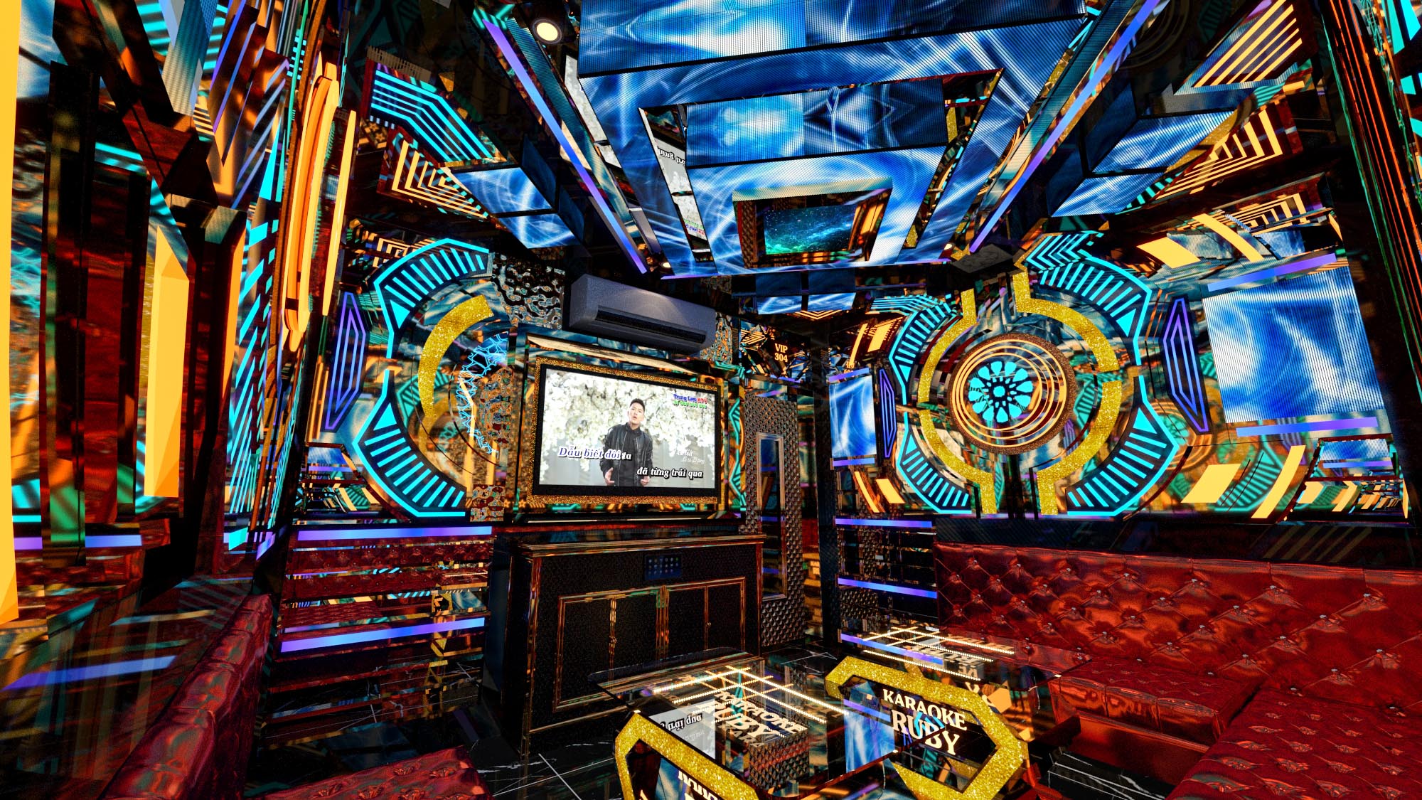 Mẫu phòng karaoke hiện đại tại Ruby – thiết kế nổi bật với hiệu ứng ánh sáng đa tầng, tạo chiều sâu và cảm xúc cho không gian
