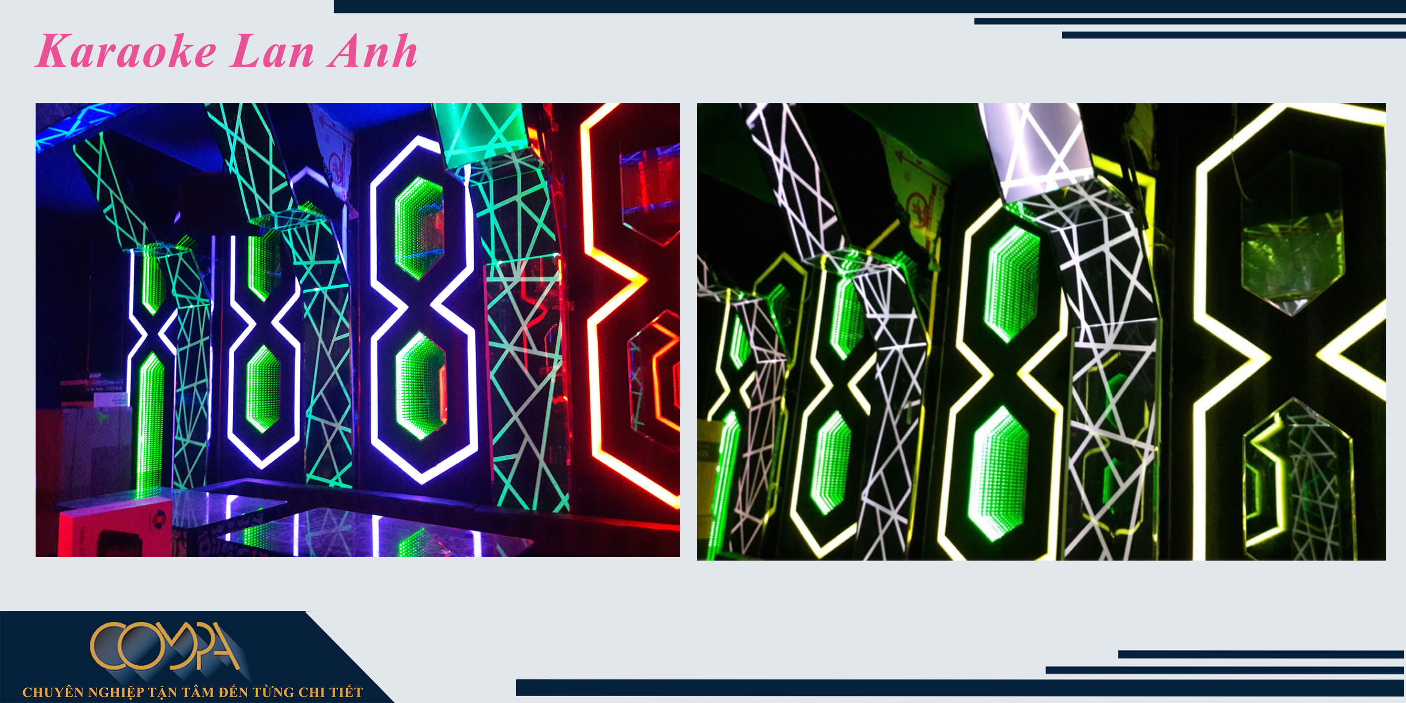 Hình ảnh thi công thực tế Karaoke Lan Anh với chi tiết đèn vô cực
