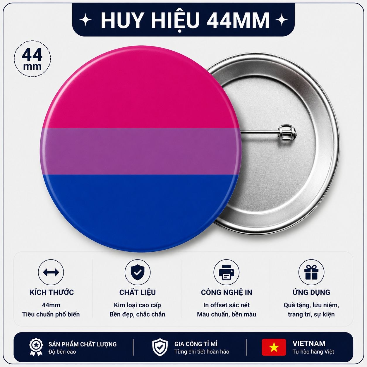 Huy hiệu LGBT Bisexual 44mm - Chuẩn Pro9x Huy hiệu cài áo LGBT Bisexual cờ song tính kích thước 44mm cao cấp tại Chuẩn Pro9x