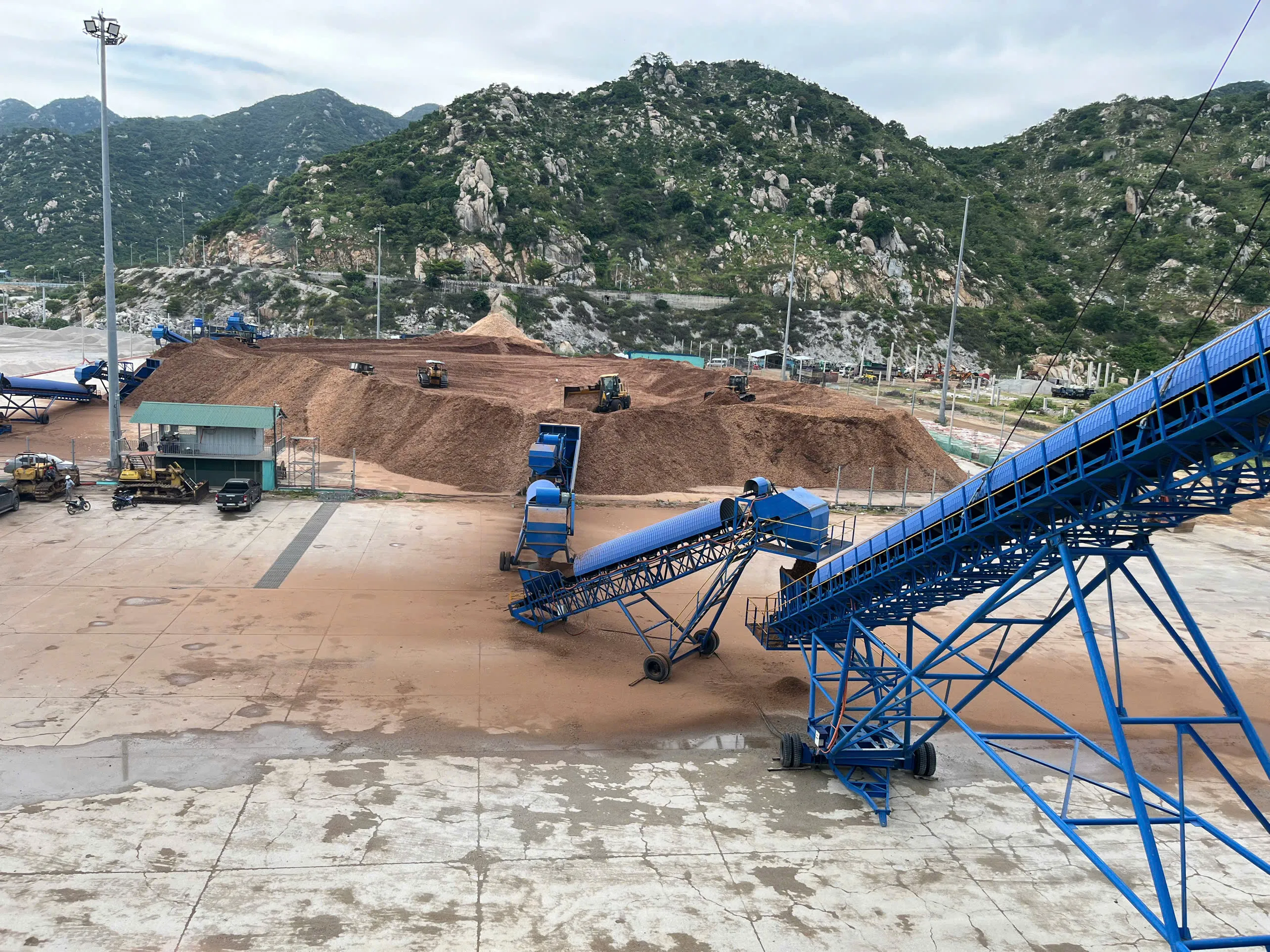 Hệ thống băng tải đang chuyển dăm gỗ từ bãi lên tàu