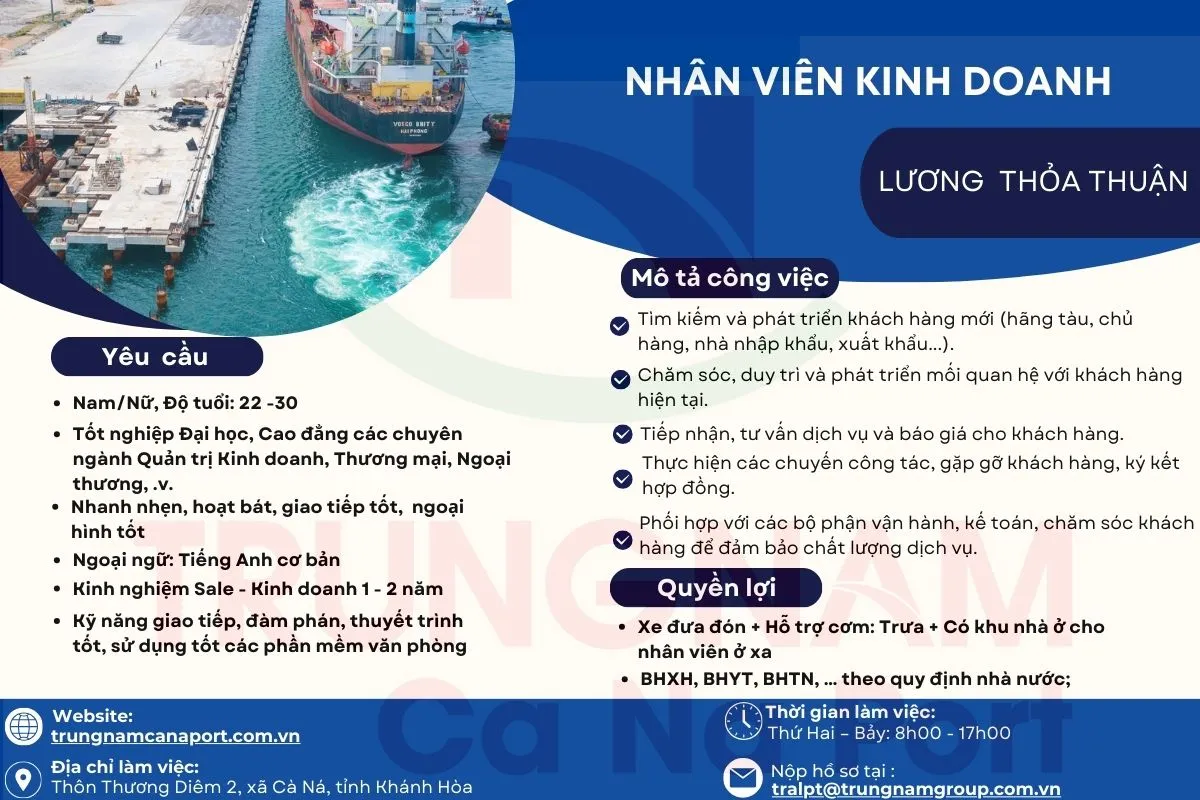 Tuyển dụng Nhân viên Kinh doanh tại Cảng Quốc tế Trung Nam Cà Ná