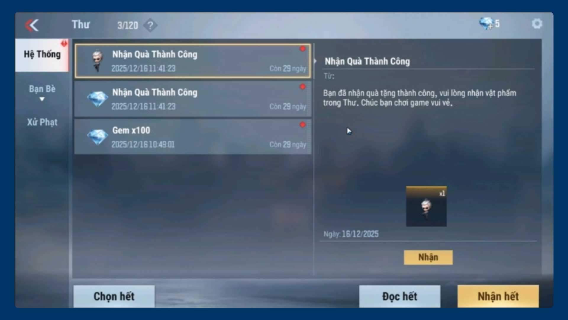 Thông báo nhập code thành công và nhận quà miễn phí