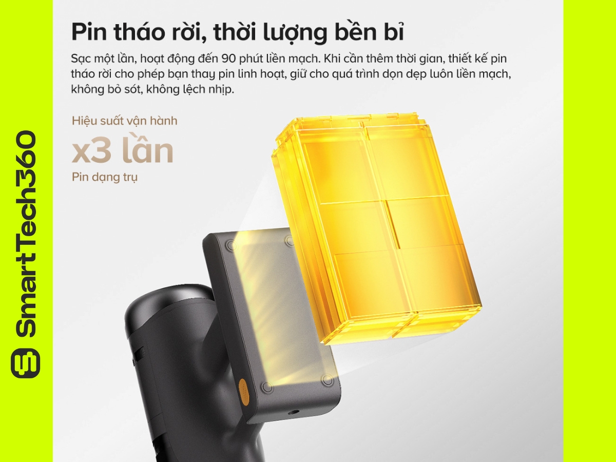 Pin tháo rời trên máy hút bụi Roborock H60 Ultra