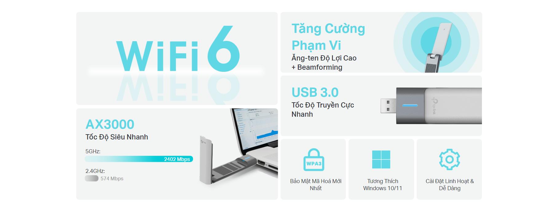Card mạng không dây USB TP-Link Archer TX50UH Chuẩn Wifi 6 AX3000 - hình 2