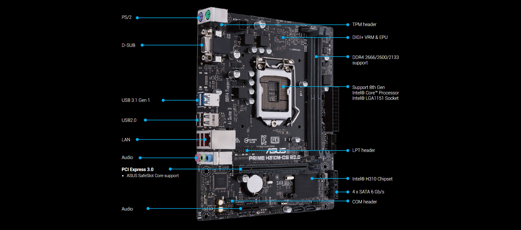 Mainboard ASUS H310M PRIME H310M-CS R2.0 - Intel H310, Socket 1151, m-ATX, 2 khe RAM DDR4