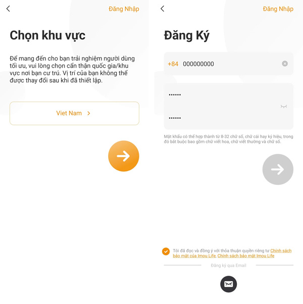 Đăng ký hoặc đăng nhập tài khoản Imou Life