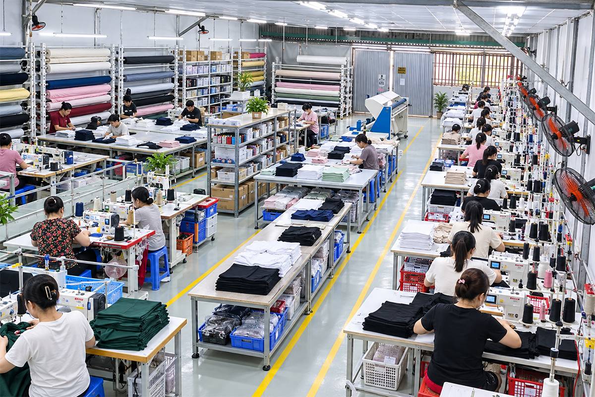 Xưởng may với dây chuyền cắt và may chăn ga gối